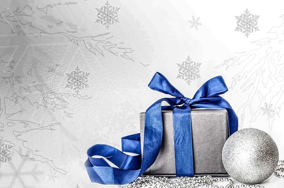 gray gift box with blue ribbon artwork, decoration, white, christmas time, HD wallpaper