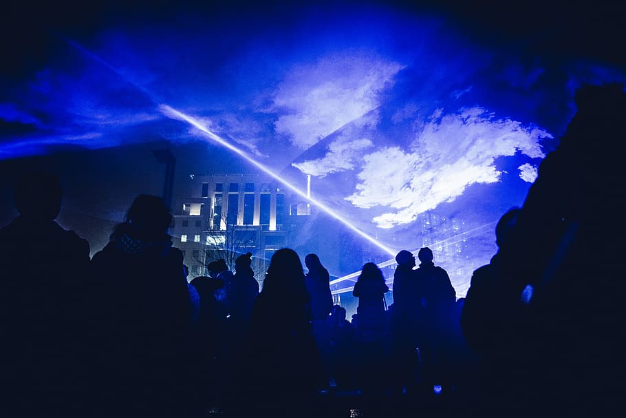 crowd of people under hologram, untitled, night, dark, lights HD wallpaper