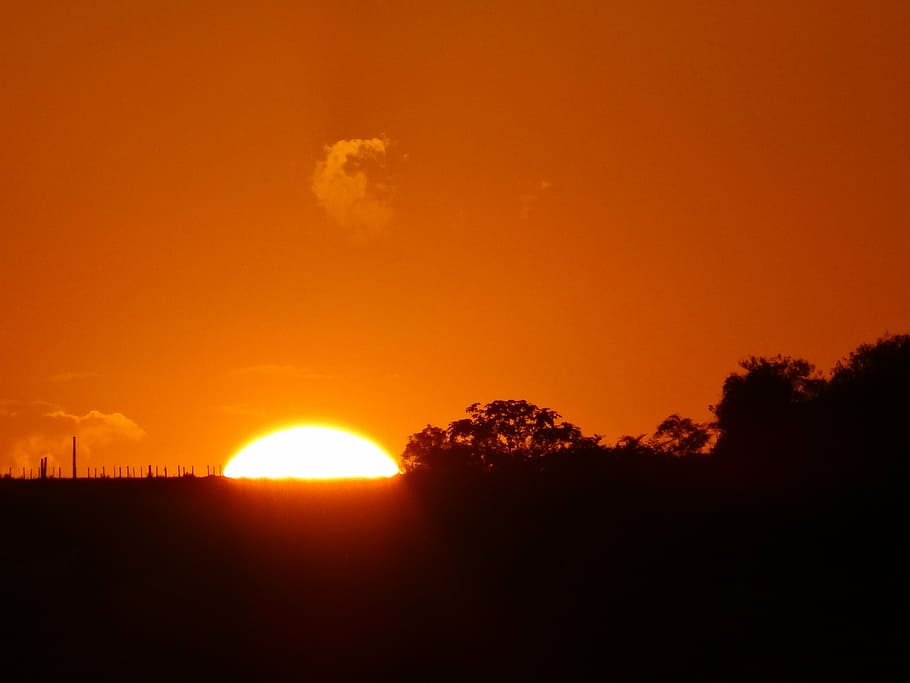sunset, sol, horizon, landscape, sky, orange color, silhouette HD wallpaper