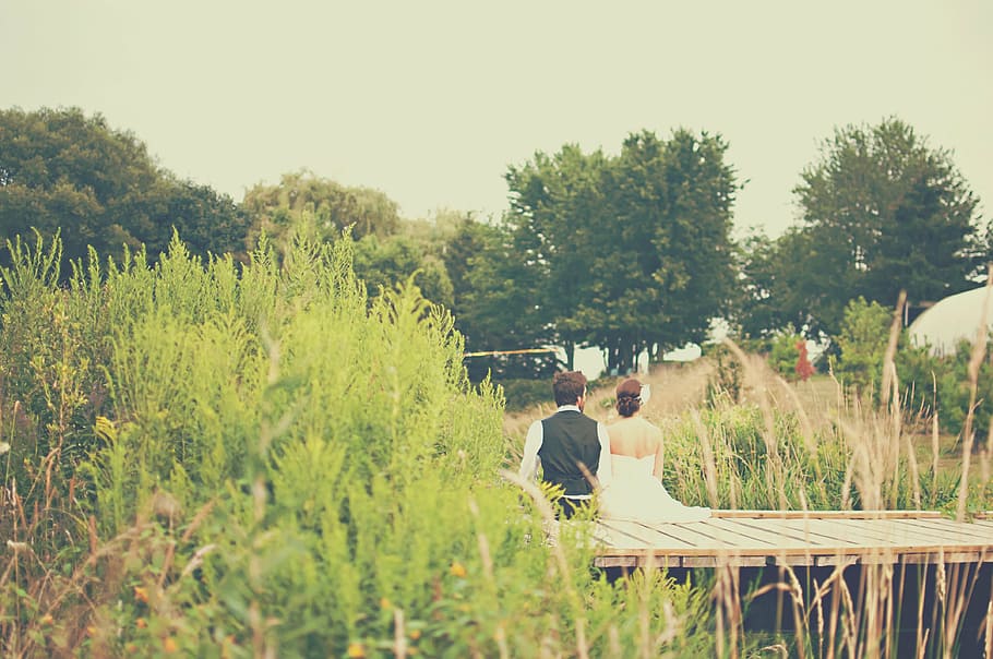 bride, couple, grass, groom, love, marriage, nature, people HD wallpaper