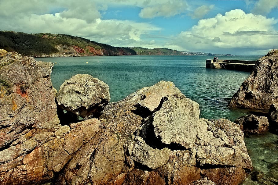 sea, landscape, mountains, nature, bay, beach, clouds, coast HD wallpaper