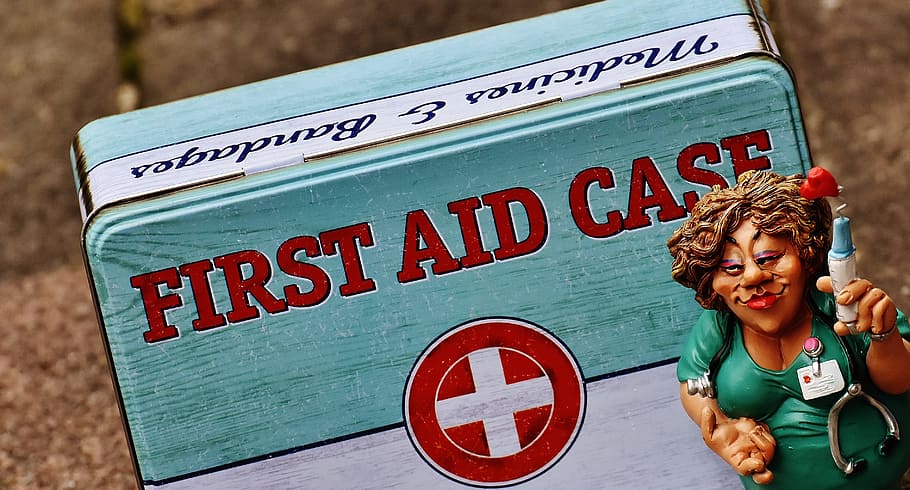 blue and white first aid case, nurse, funny, box, tin can, sheet HD wallpaper