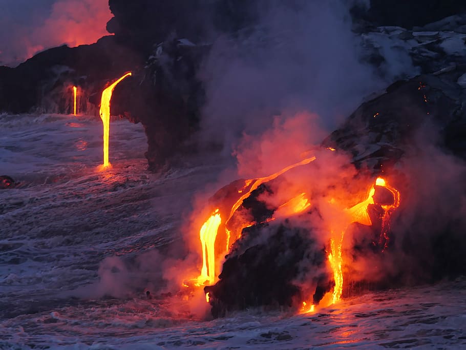 HD wallpaper: photo of lava flowing on land, lava coming out from rock ...