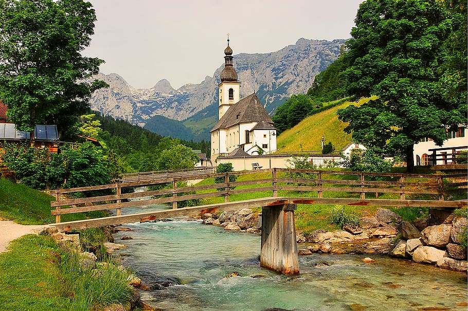 brown wooden bridge, ramsau, bavaria, upper bavaria, mountains HD wallpaper