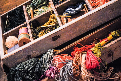 assorted-color yarn lot on wooden crate, embroidery, floss HD wallpaper
