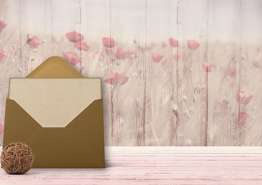 background image, letters, envelope, flowers, klatschmohn, wood, HD wallpaper
