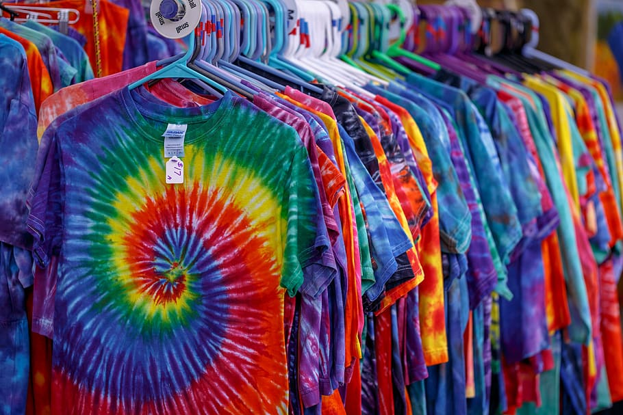 tie dye, t-shirts, bright colors, hippy, multi colored, variation