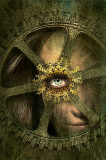 close up photo of person eye, fantasy, portrait, wheel, human HD wallpaper