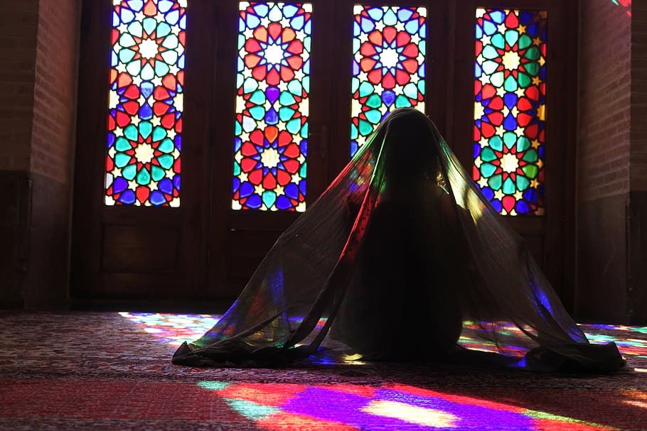 stained glass, veil, iran, mosque, reflections, nasir-ol-molk