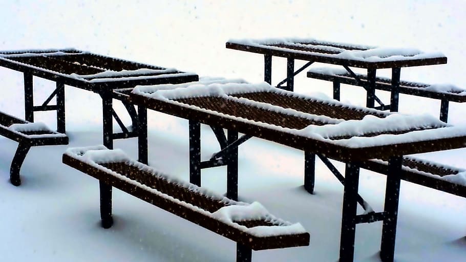 winter, picnic, table, snow, frozen, cold temperature, seat HD wallpaper