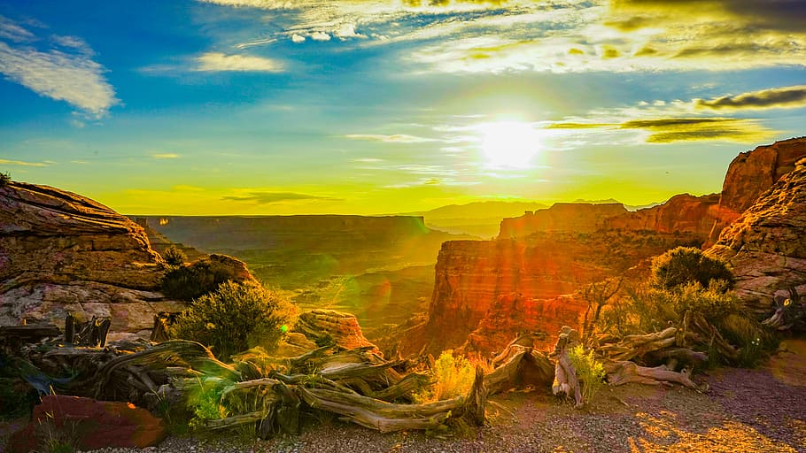 brown mountains, canyon, rock, sunset, sunrise, sky, cloud - sky HD wallpaper
