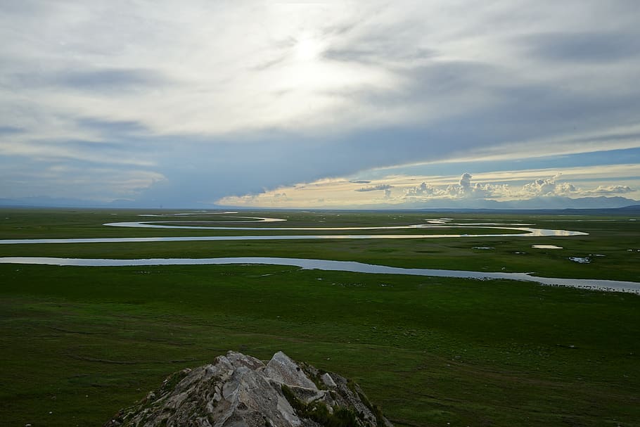 river, sun, prairie, cloud - sky, scenics - nature, tranquil scene HD wallpaper