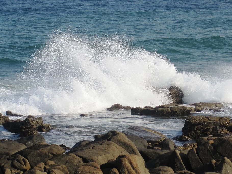 Sea, Water, Water, Blue, Blue, Rocks, Wave, White, breaking, HD wallpaper