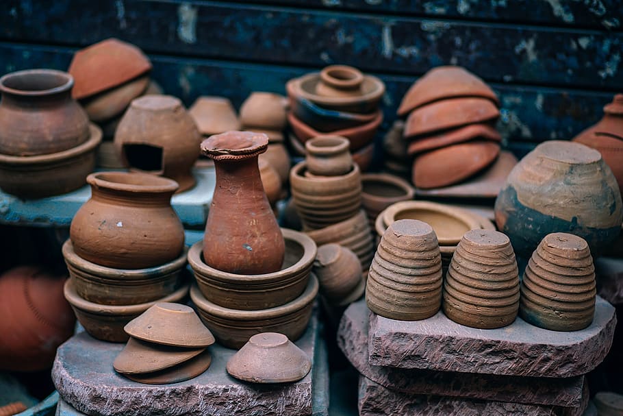 brown clay pots on stone, abstract, ancient, antique, area, art, HD wallpaper