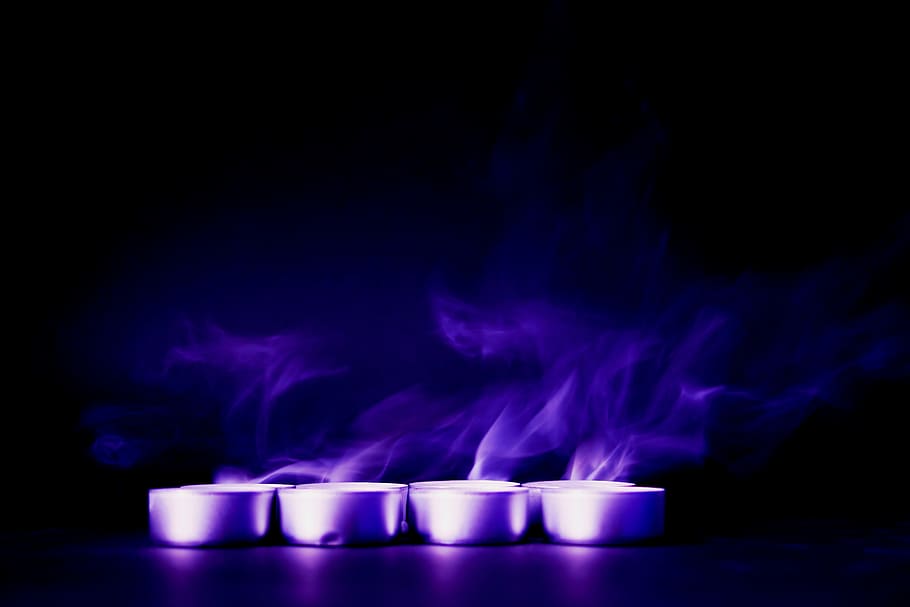 four purple tealight candles, blue, violet, smoke, dark, night HD wallpaper
