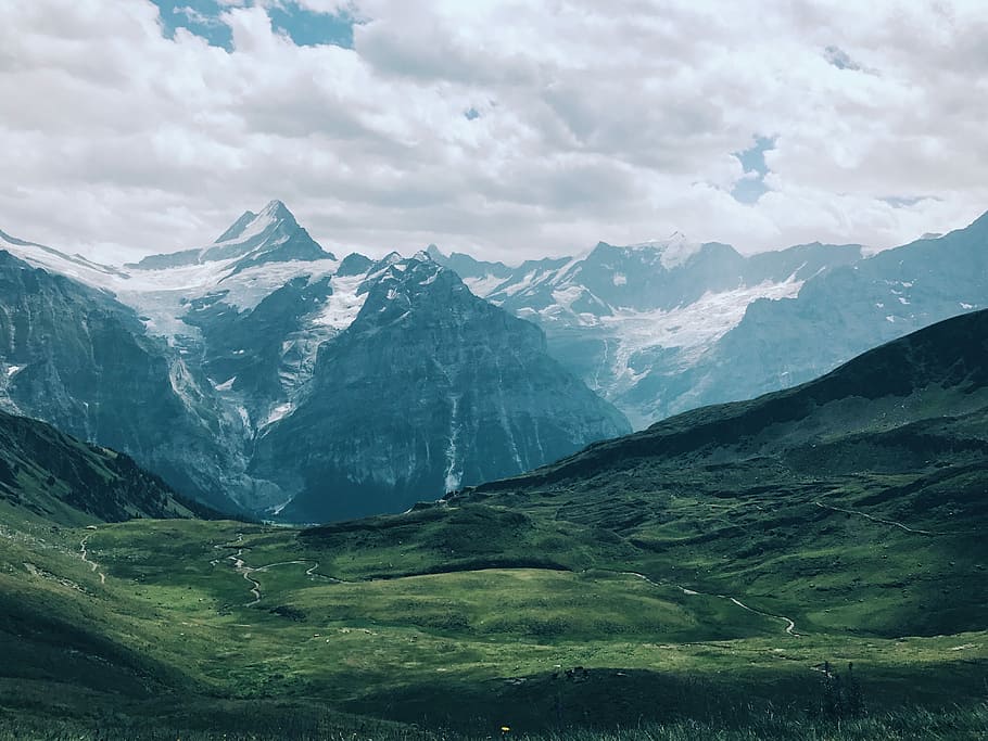 Swiss Alps, green mountain during daytime, landscape, snow, grass HD wallpaper