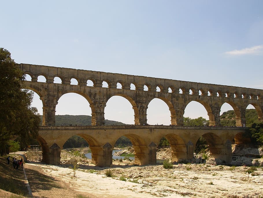 bridge, pont du gard, summer, aqueduct, roman, provence, vaucluse, HD wallpaper
