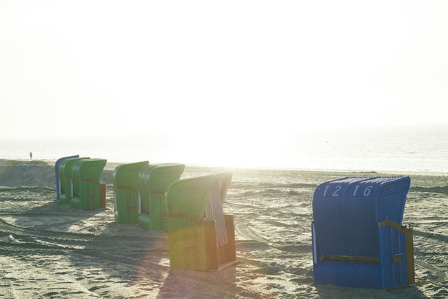Beach baskets on North Sea, landscape, objects, vacations, outdoors HD wallpaper