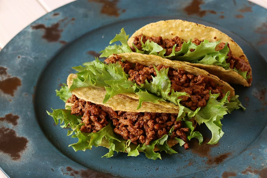 cooked food on plate, taco, mexican, beef, meal, vegetable, gourmet