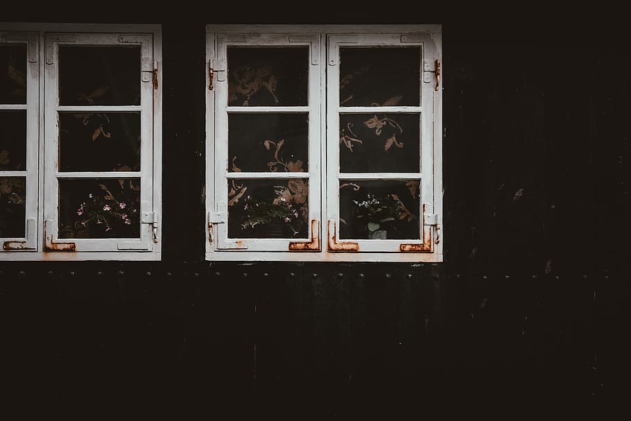two white wooden windows, rusty, black, weathered, window glass HD wallpaper