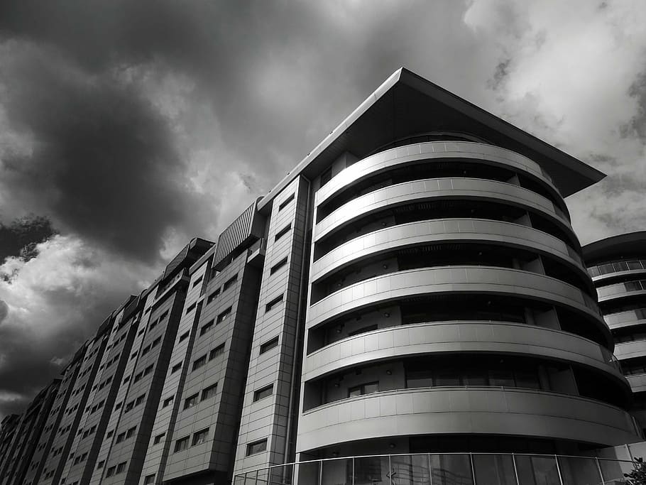 architecture, black-and-white, building, clouds, construction HD wallpaper