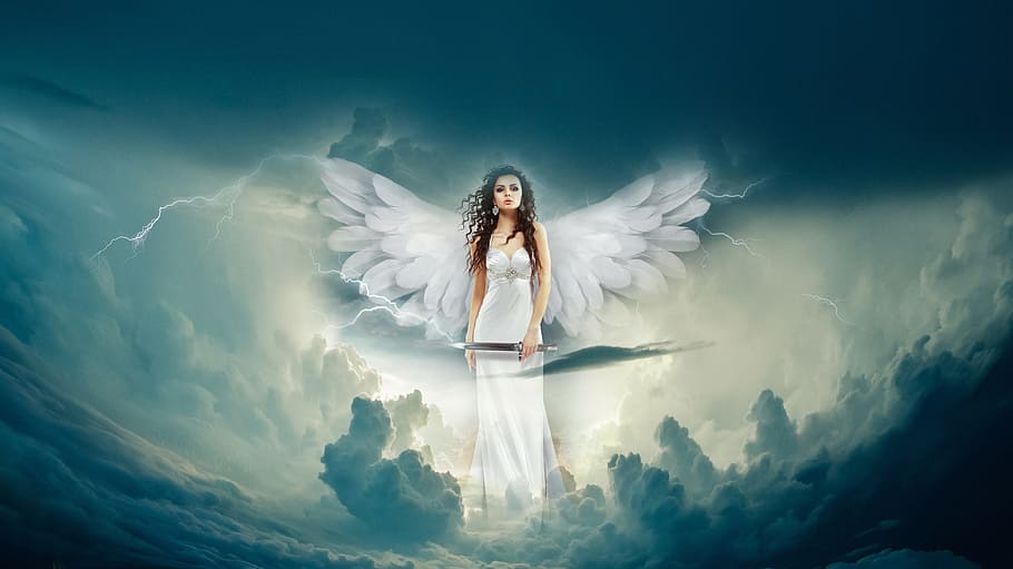 female angle painting, angel, clouds, fantasy, heaven, sky, angelic, HD wallpaper