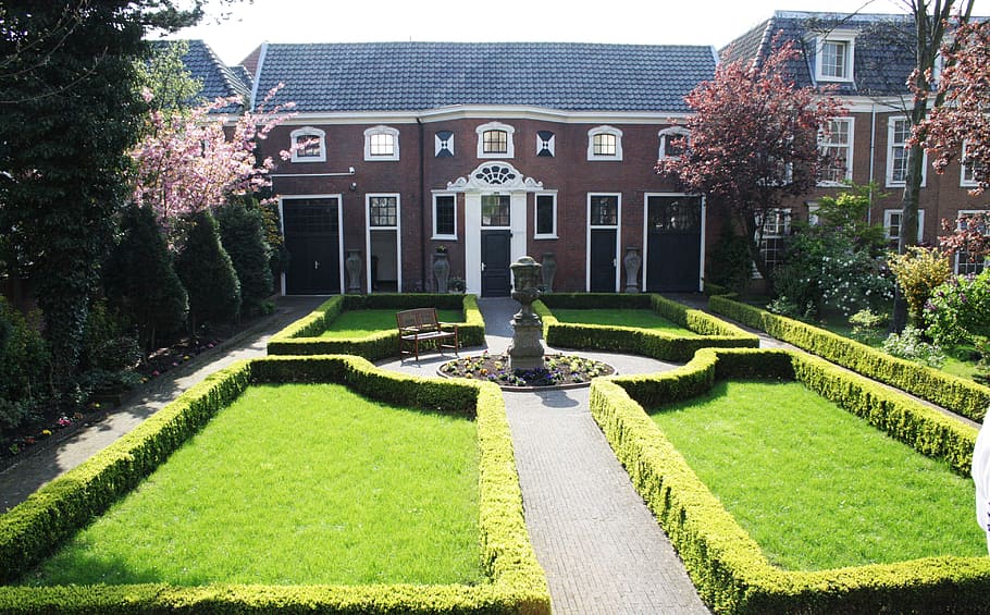 brow and white houe, yard, landscaping, hedges, lawn, estate HD wallpaper