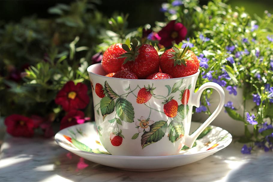 red strawberries on white ceramic teacup, fruit, delicious HD wallpaper