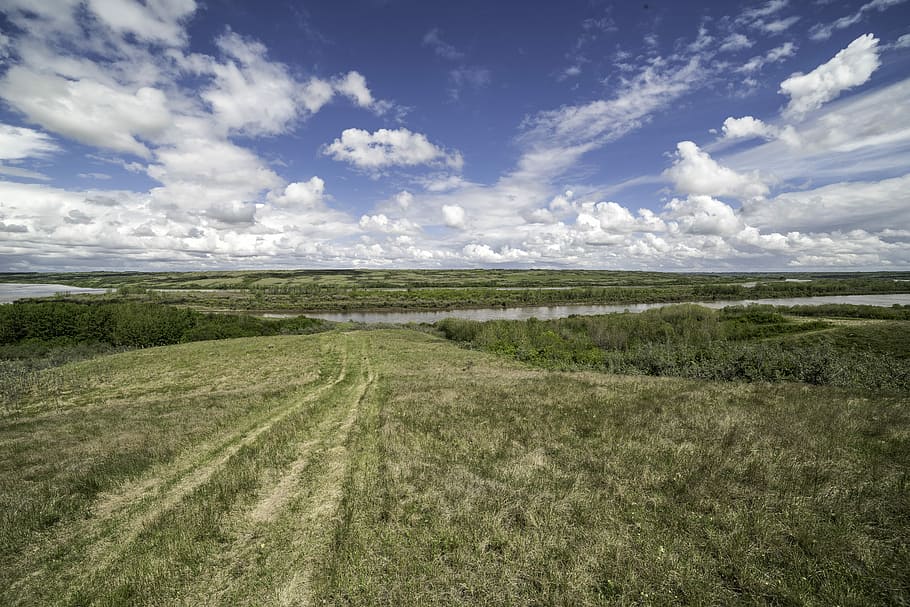 Hill and River under the Skies in Saskatchewan, canada, clouds HD wallpaper
