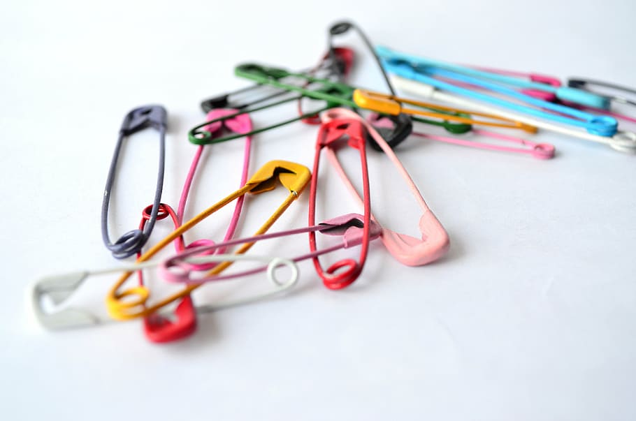 assorted-color safety pin lot, fixing pin, pins, colors, stationery, HD wallpaper