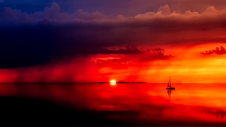 silhouette photo of black sailing boat on top of sea during cloudy sunset HD wallpaper