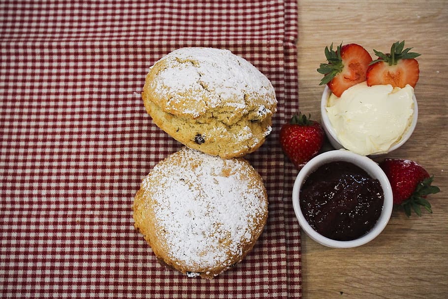 scones, afternoon tea, cream tea, cakes, strawberry jam, snacks, HD wallpaper