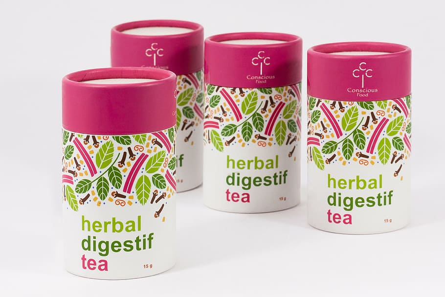 four Herbal Digestif Tea bottles, tee, packaging, herbal tea