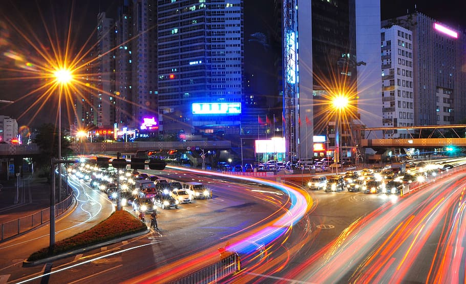 street lights near on buildings, traffic, shenzhen, night, cars HD wallpaper
