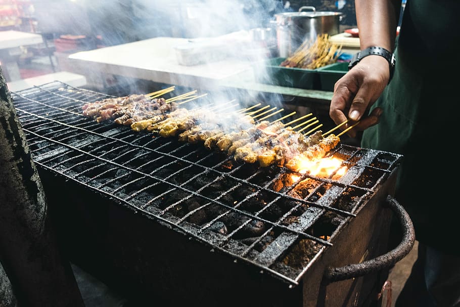 Grilling chicken satay, asian, hands, meat, process, Thailand HD wallpaper