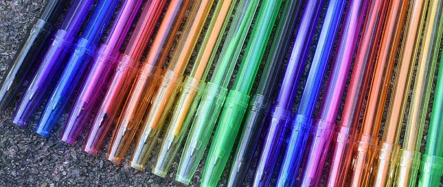 assorted-color pens, writing implement, leave, office, colorful HD wallpaper