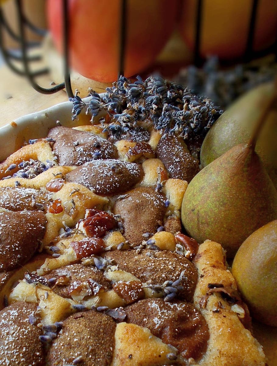 pear cake, lavender, pecans, pears, nuts, pear cake with lavender HD wallpaper