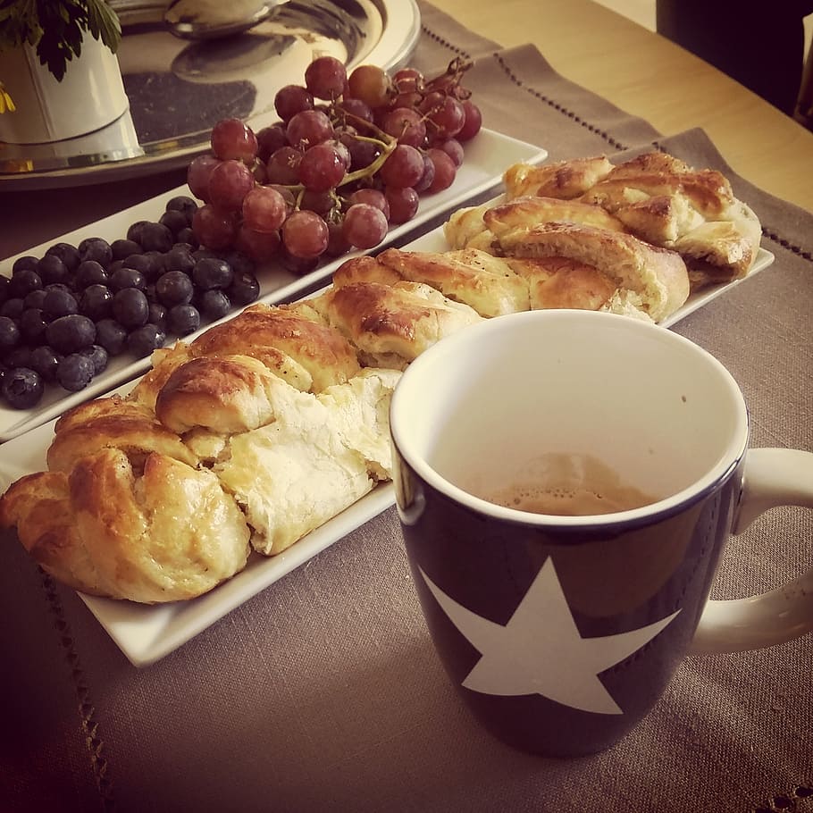 grapes, cake, bakery, coffee, cup, morning, breakfast, food and drink HD wallpaper