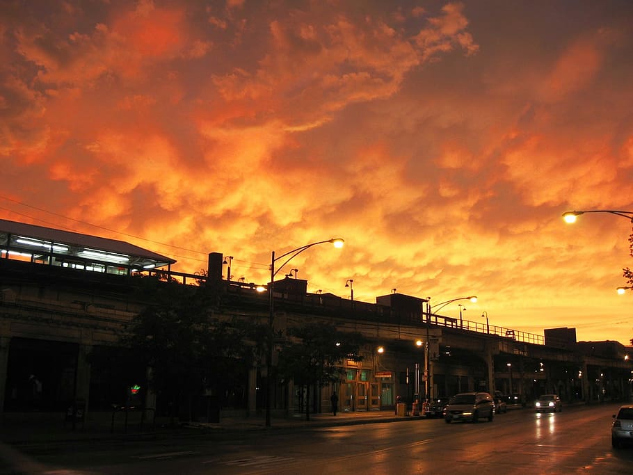 chicago, orange, sunset, storm, sky, urban, transit, evening, HD wallpaper