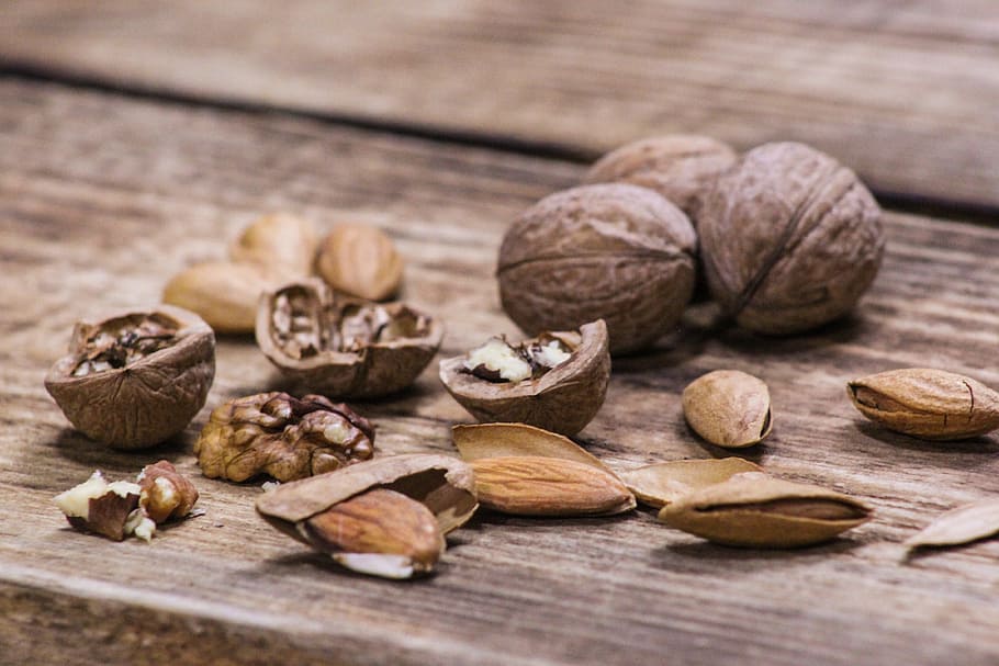 nuts, walnut, almond, walnuts, still life, food and drink, wellbeing HD wallpaper