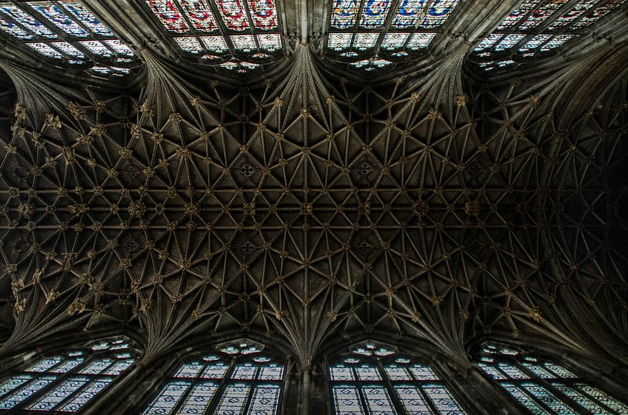Gloucester Cathedral, worms eye view of cathedral ceiling, church HD wallpaper