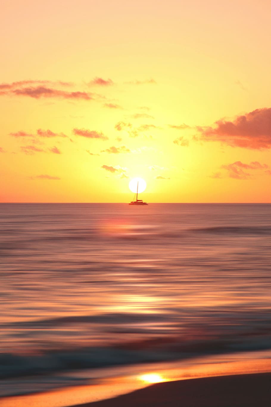 boat on body of water during sunset, sunset, sunrise, orange, cloud, horizon HD wallpaper