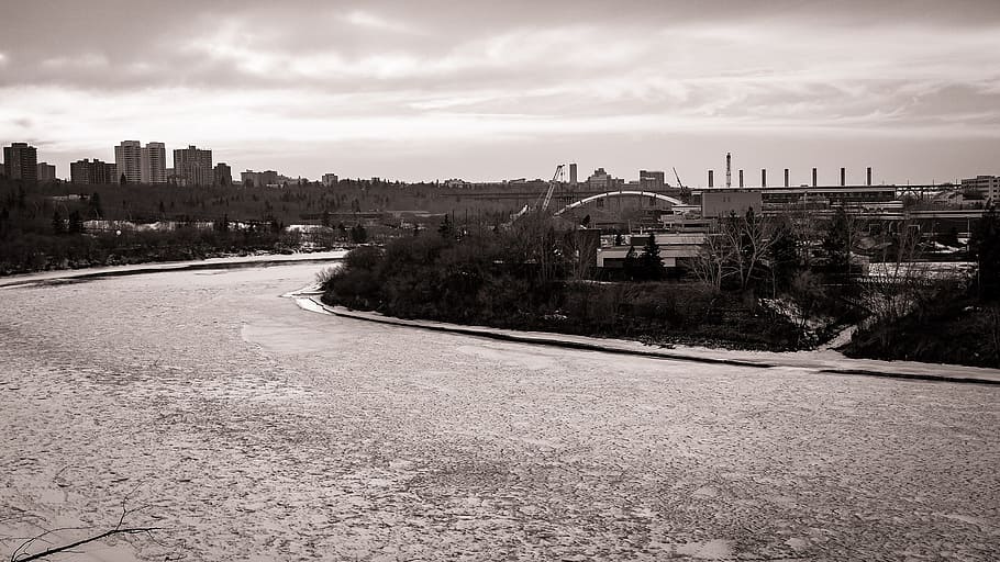river, ice, bridge, winter, snow, architecture, building exterior HD wallpaper