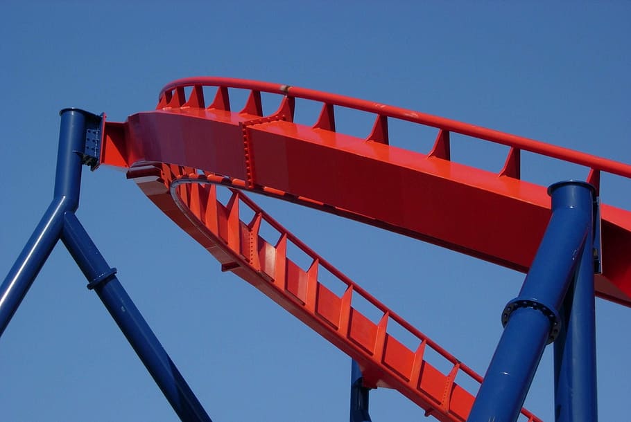 supports, blue, track, roller coaster, red, clear sky, architecture HD wallpaper