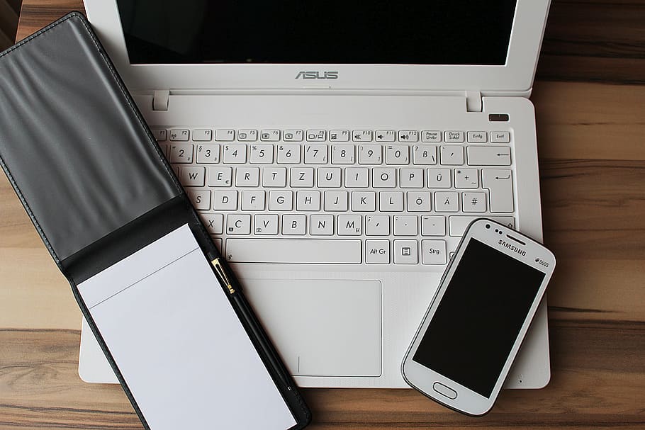 white Asus laptop and white Samsung smartphone, notebook, home office HD wallpaper