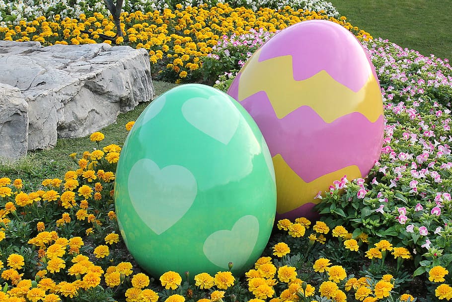 two green and pink easter egg garden decors on garden, easter eggs HD wallpaper