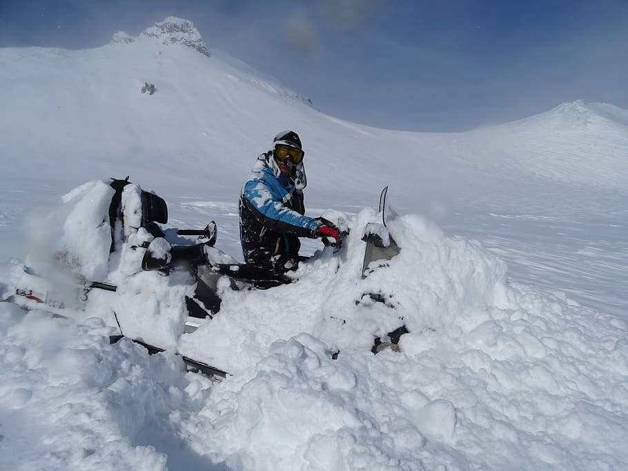 snowmobile, snowdrift, stroll, vacation, winter, mountains HD wallpaper
