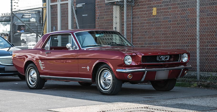 red Ford Mustang coupe parked near fence during daytime, auto HD wallpaper
