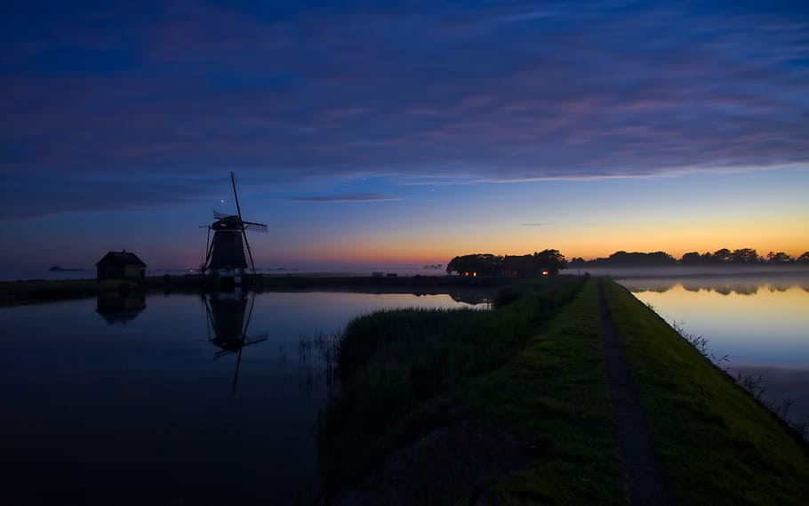 pond, windmill, texel, netherlands, night, nature, summer, holland HD wallpaper