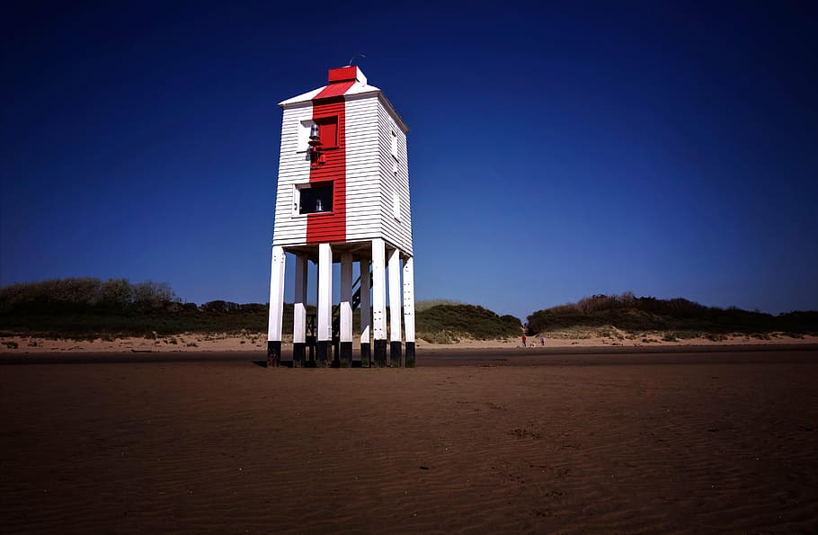 white and red building, architecture, beach, safety, landscape HD wallpaper